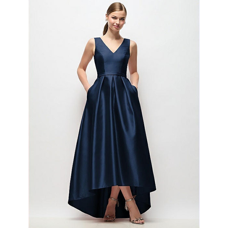 Alfred Sung Midnight Navy Blue Sleeveless Pleated High Low Satin Dress Size 0